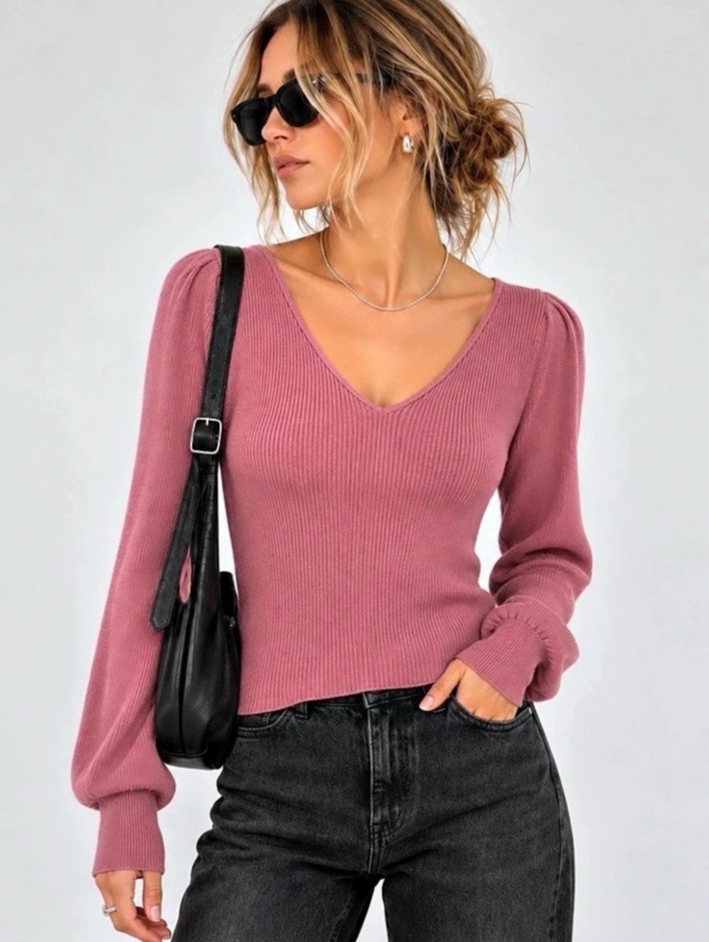 New🌺$125 Lauren Ralph Lauren Rose Blush Ribbed Puff Sleeve V-Neck Sweater XL